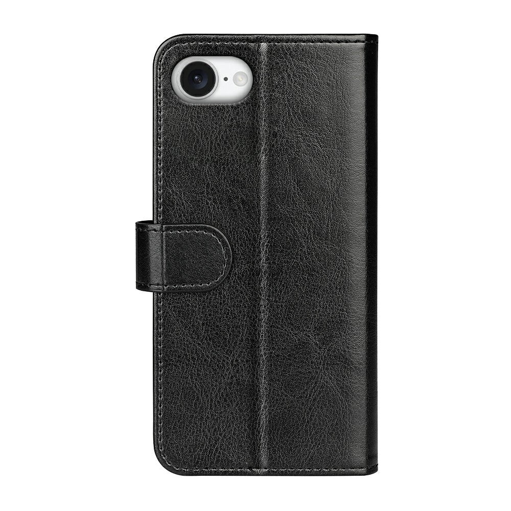 For iPhone 16e Wallet Case Crazy Horse Texture Stand Leather Phone Cover - Black