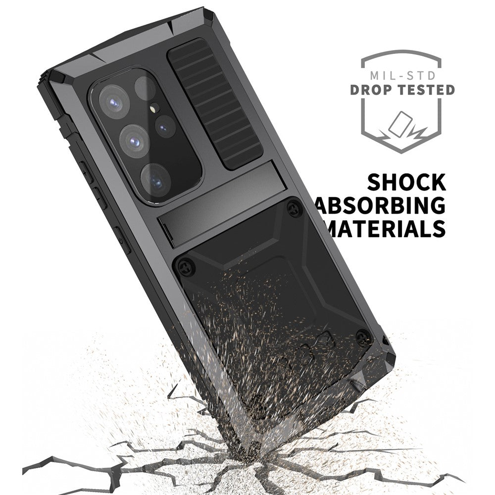 R-JUST For Samsung Galaxy S25 Ultra Case PC + Silicone + Metal Kickstand Phone Cover with Tempered Glass Film - Black