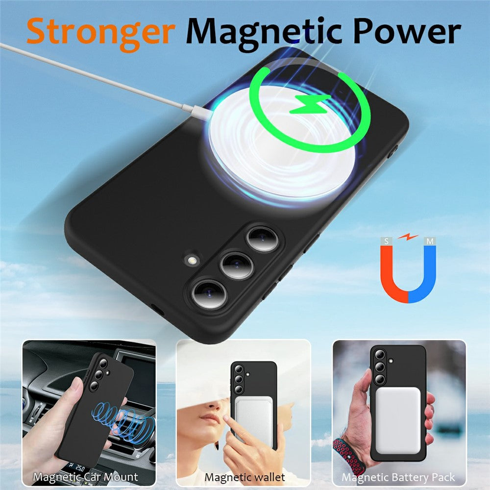 For Samsung Galaxy S25 Magnetic Case Liquid Silicone Phone Cover with Lanyard - Black