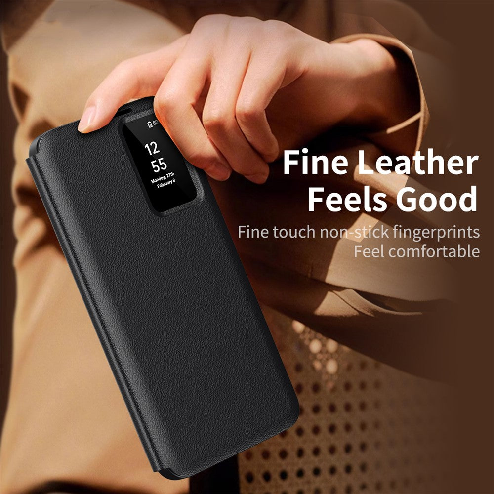 For Samsung Galaxy S23 Ultra Case Leather Phone Cover with View Window Card Slot - Black
