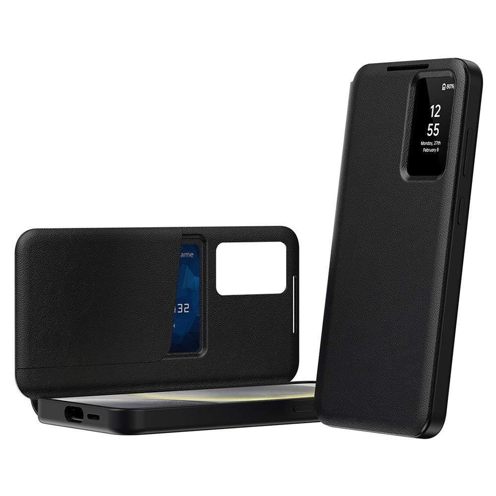 For Samsung Galaxy S25 Ultra Case Leather Phone Cover with View Window Card Slot - Black
