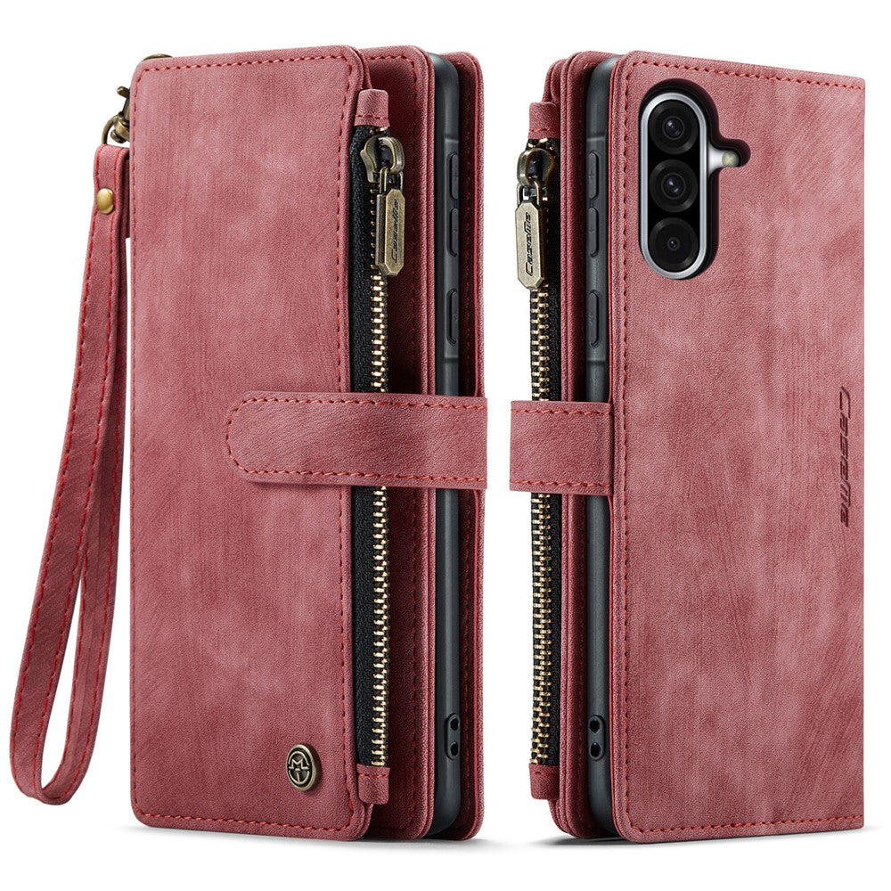 For Samsung Galaxy A56 5G Phone Cases with Strap CASEME C30 Zipper Multiple Card Holder PU Leather Cover - Red