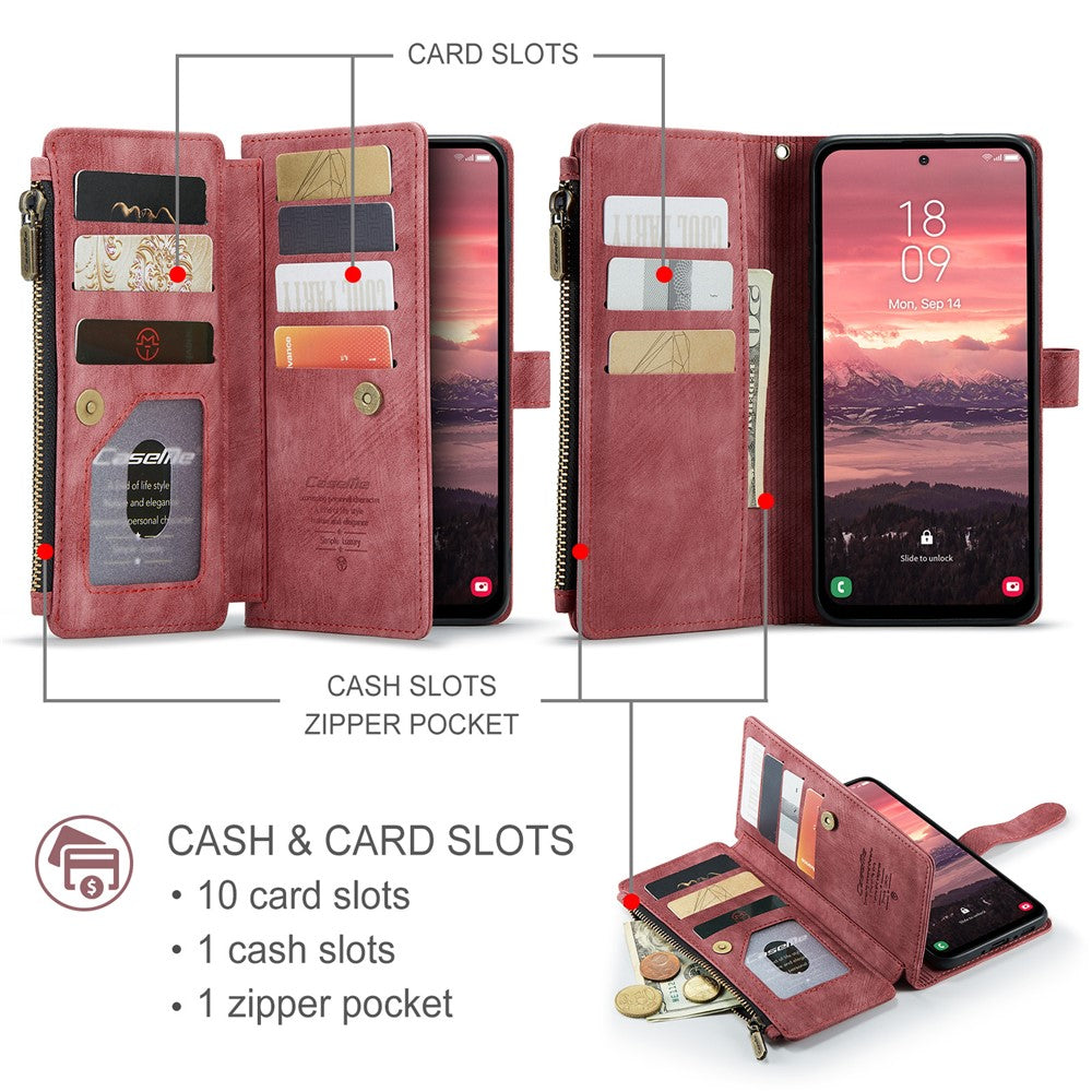 For Samsung Galaxy A56 5G Phone Cases with Strap CASEME C30 Zipper Multiple Card Holder PU Leather Cover - Red