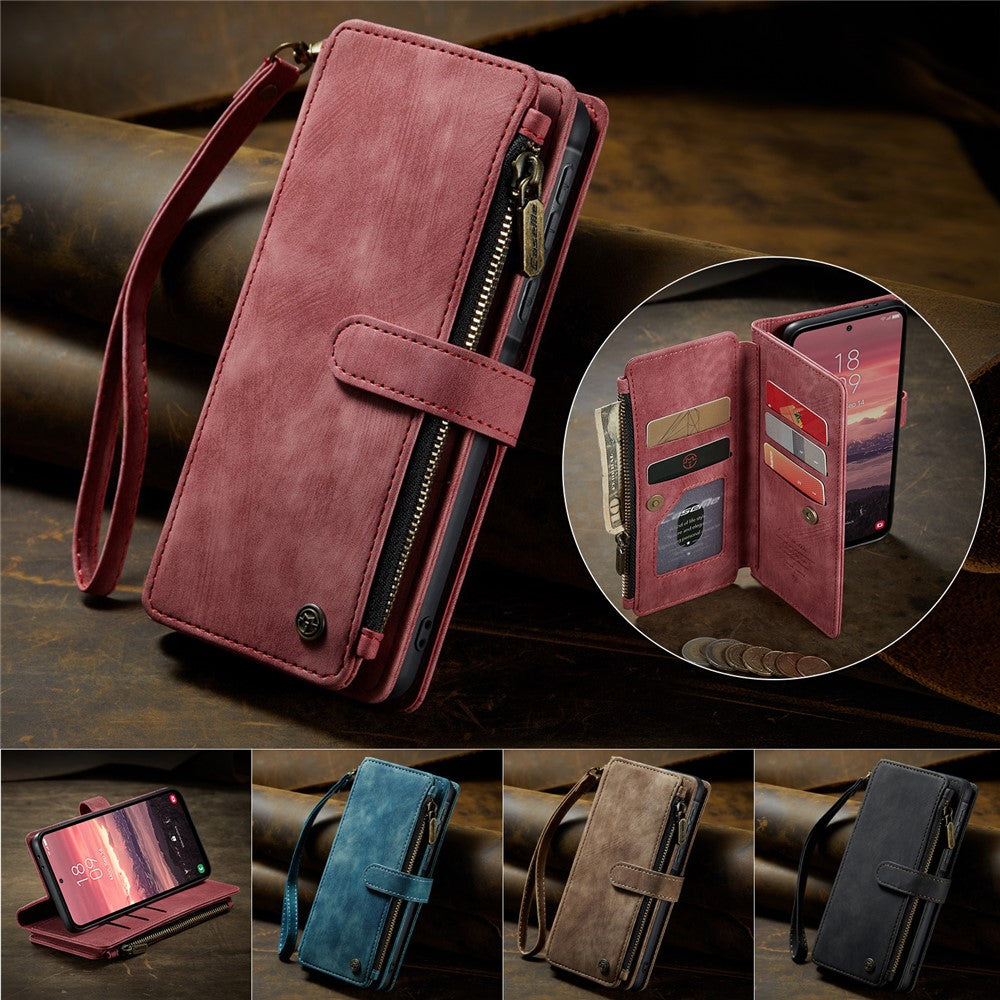For Samsung Galaxy A56 5G Phone Cases with Strap CASEME C30 Zipper Multiple Card Holder PU Leather Cover - Red