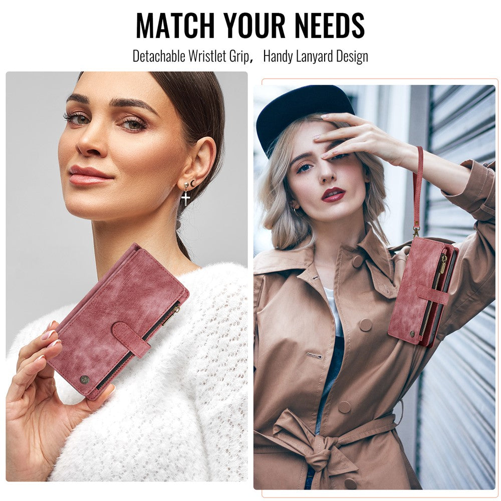 For Samsung Galaxy A56 5G Phone Cases with Strap CASEME C30 Zipper Multiple Card Holder PU Leather Cover - Red