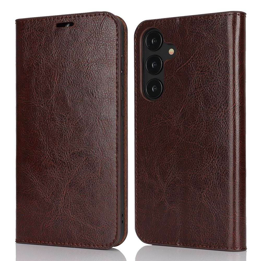 For Samsung Galaxy S25 Case Crazy Horse Texture Split Leather Wallet Phone Cover - Dark Brown