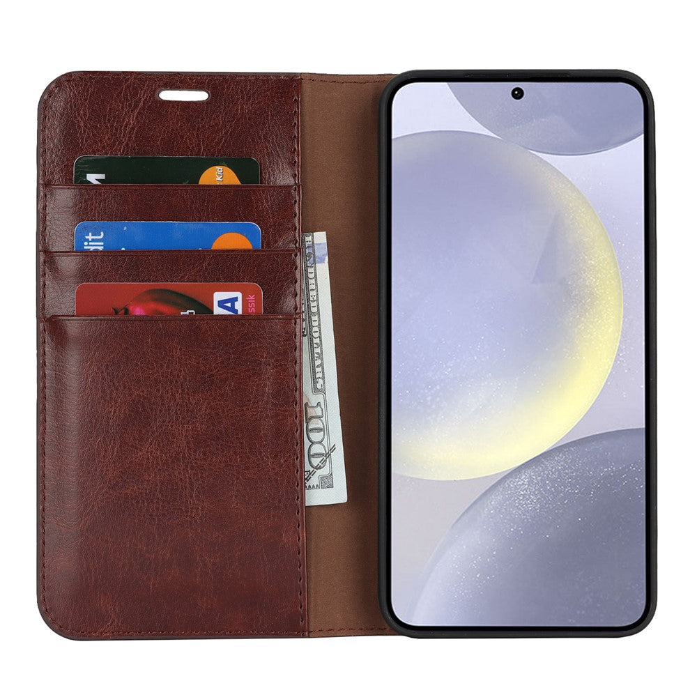 For Samsung Galaxy S25 Case Crazy Horse Texture Split Leather Wallet Phone Cover - Dark Brown