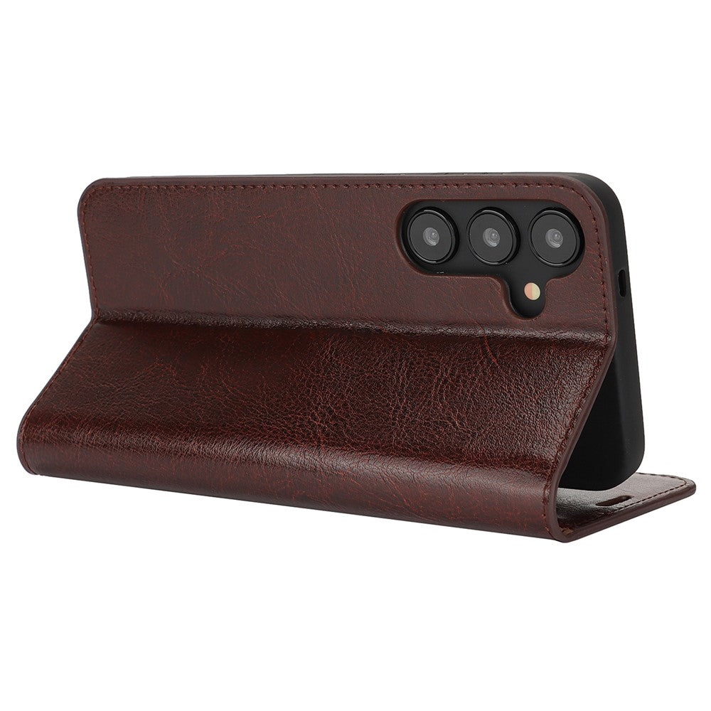 For Samsung Galaxy S25 Case Crazy Horse Texture Split Leather Wallet Phone Cover - Dark Brown