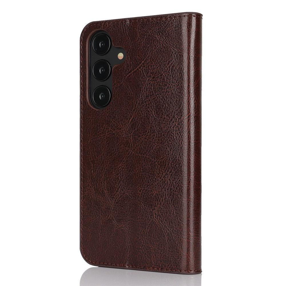 For Samsung Galaxy S25 Case Crazy Horse Texture Split Leather Wallet Phone Cover - Dark Brown