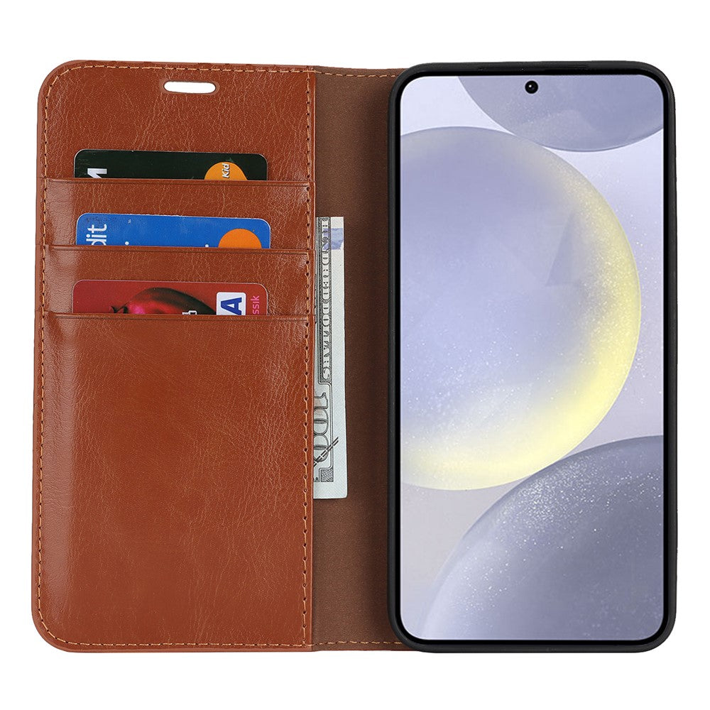 For Samsung Galaxy S25 Case Crazy Horse Texture Split Leather Wallet Phone Cover - Light Brown