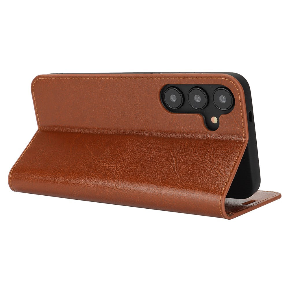 For Samsung Galaxy S25 Case Crazy Horse Texture Split Leather Wallet Phone Cover - Light Brown