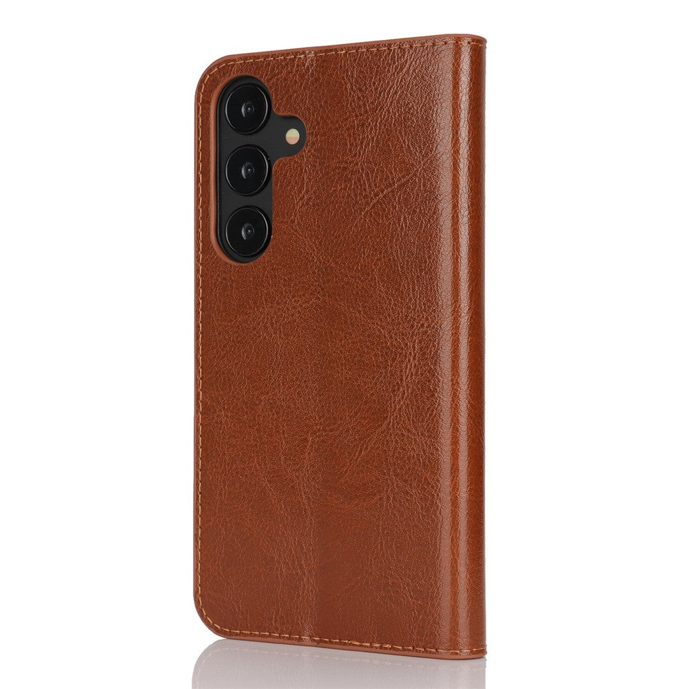 For Samsung Galaxy S25 Case Crazy Horse Texture Split Leather Wallet Phone Cover - Light Brown