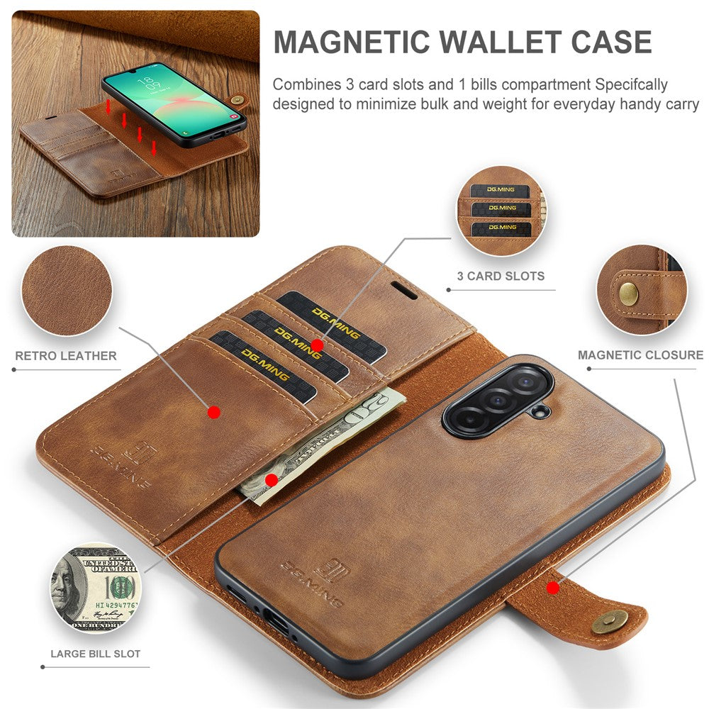 for Samsung Galaxy A26 5G Case Detachable Split Leather Phone Cover - Brown
