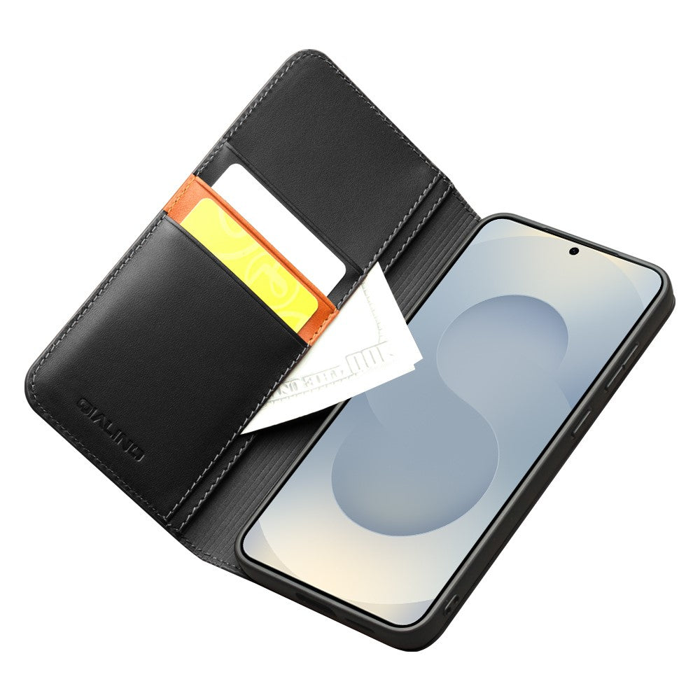 For Samsung Galaxy S25 Edge Case Wallet Flip Stand Phone Cover  Cow Leather - Black