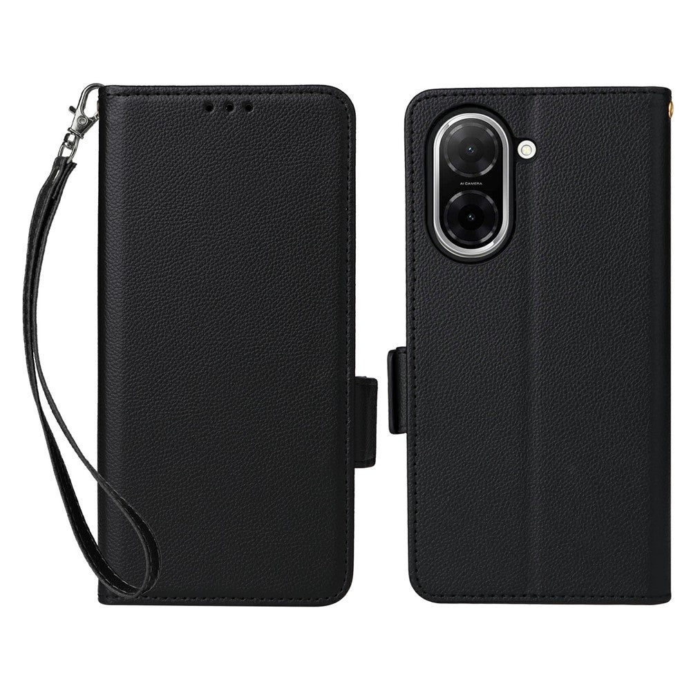 For Xiaomi Poco C71 4G / Redmi A5 4G (171.7mm) Case with Wrist Strap Litchi Texture PU Leather Wallet Phone Cover - Black