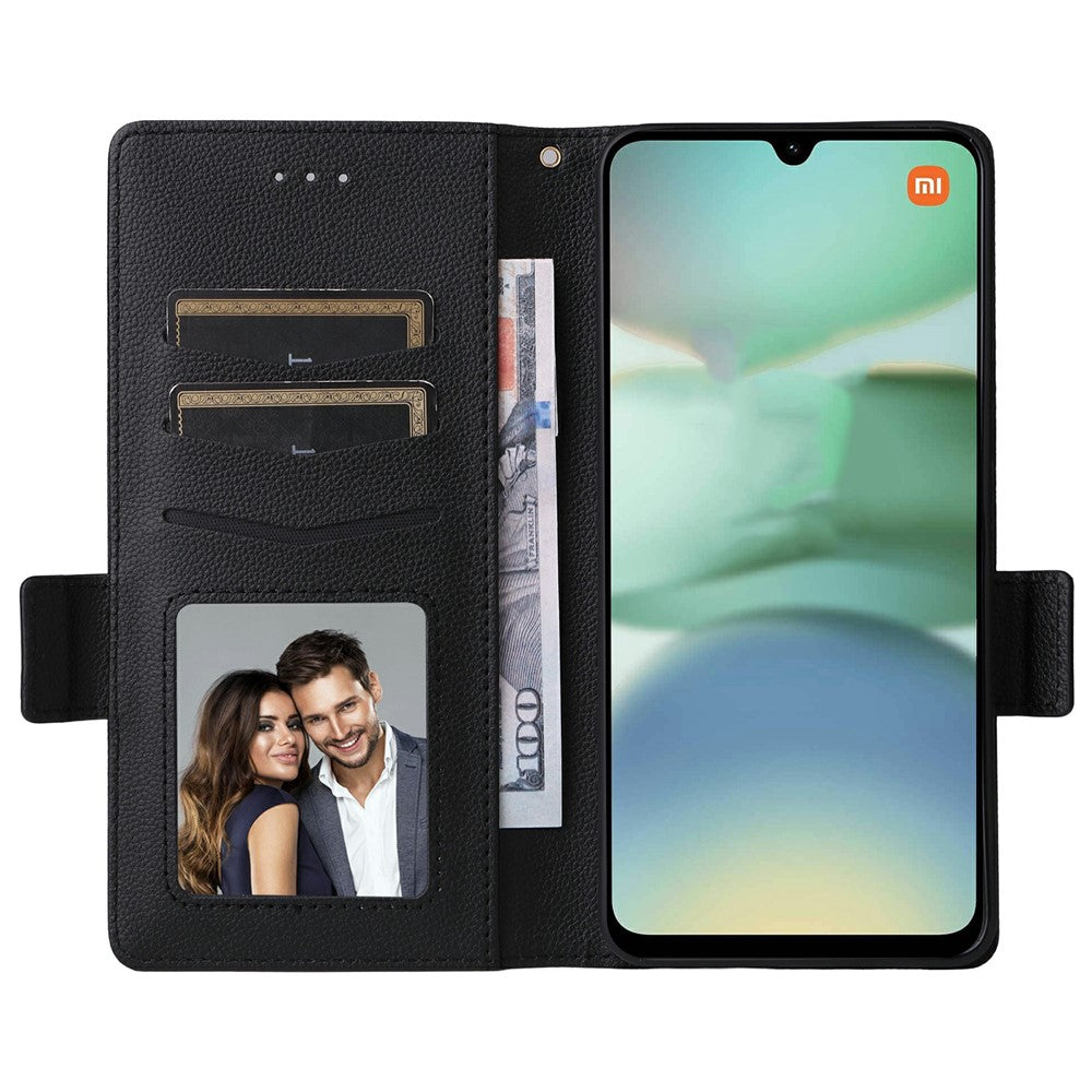 For Xiaomi Poco C71 4G / Redmi A5 4G (171.7mm) Case with Wrist Strap Litchi Texture PU Leather Wallet Phone Cover - Black