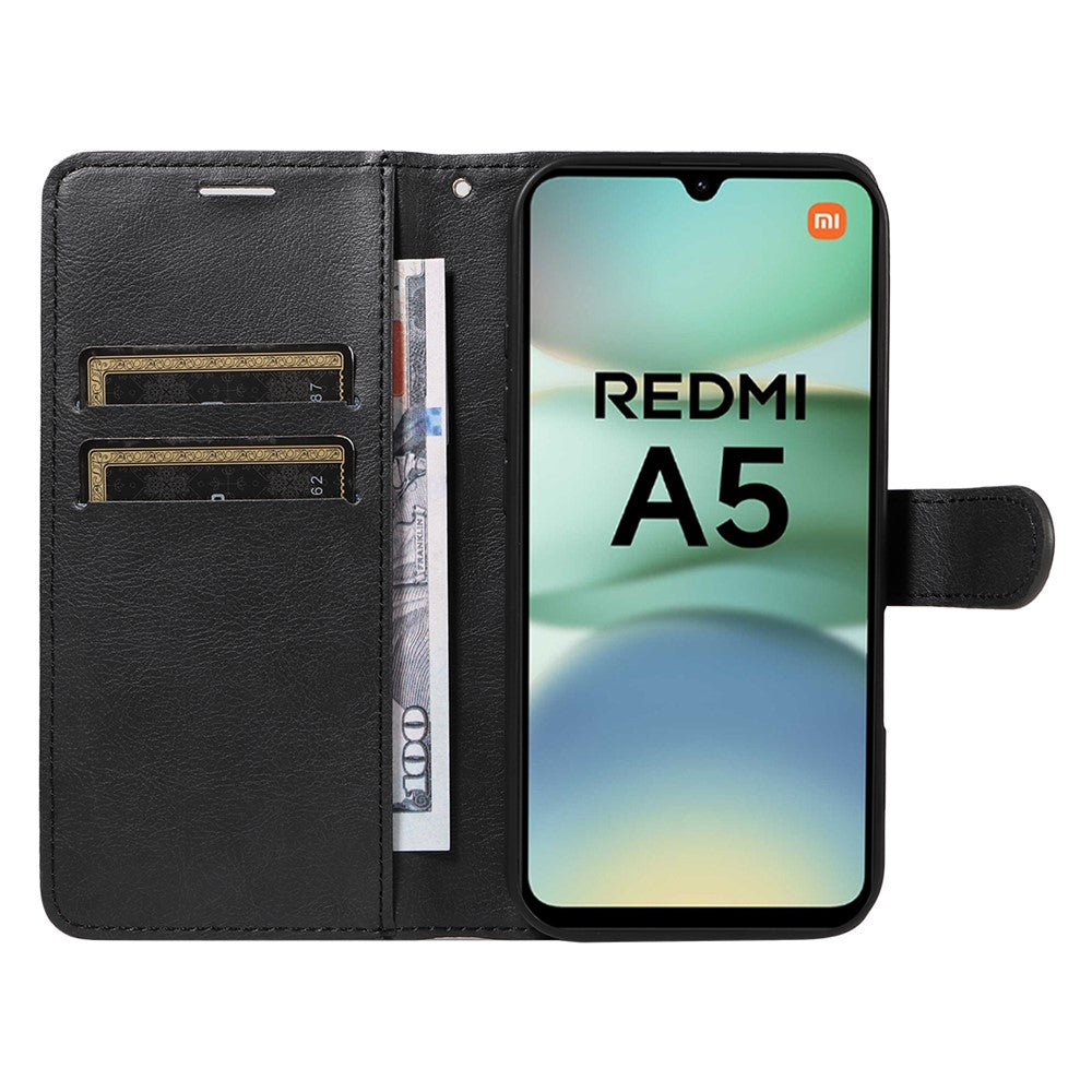 For Xiaomi Redmi A5 NFC (EU) (173.45mm) Leather Wallet Case with Strap Phone Stand Cover - Black