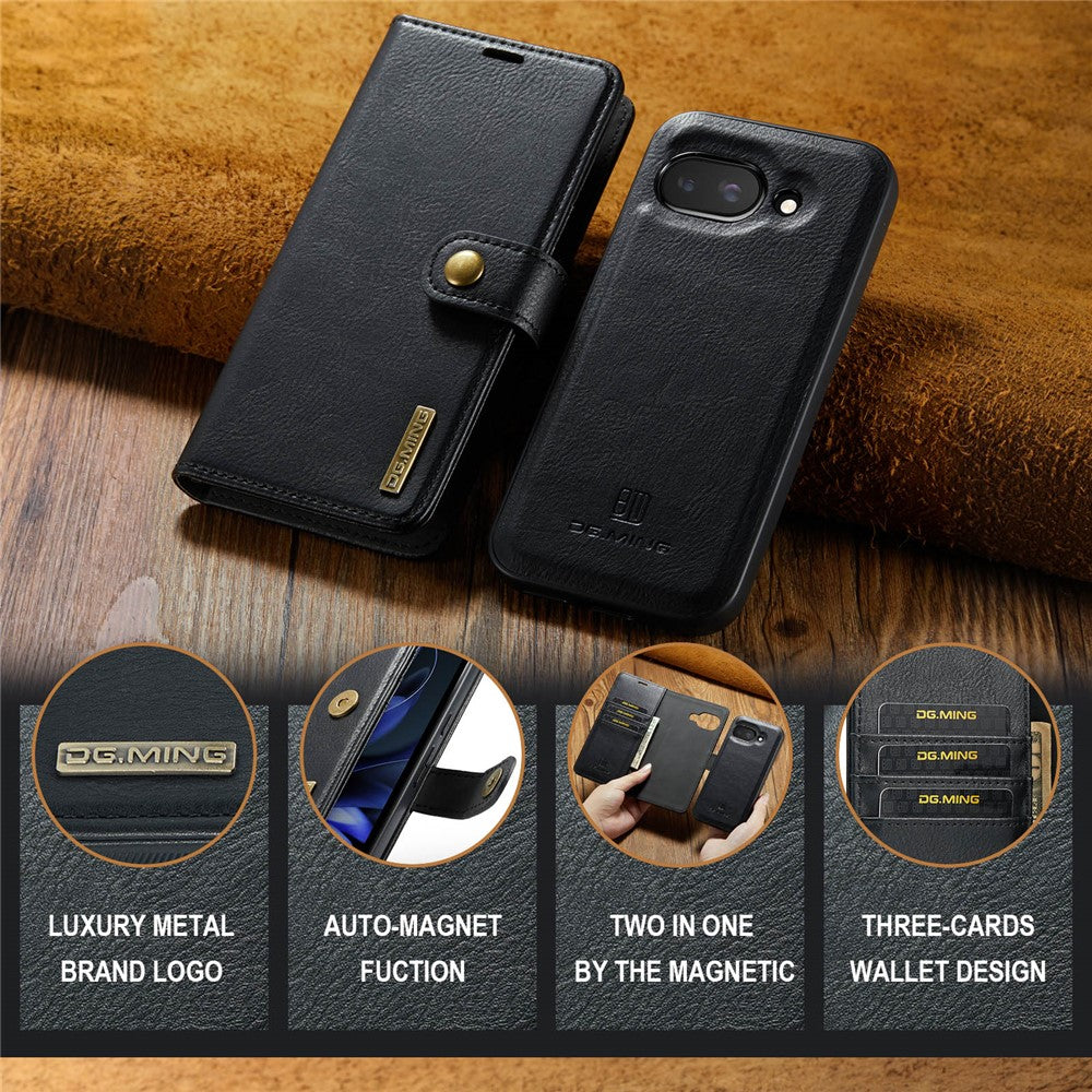 for Google Pixel 9a Case Detachable Split Leather Phone Cover - Black