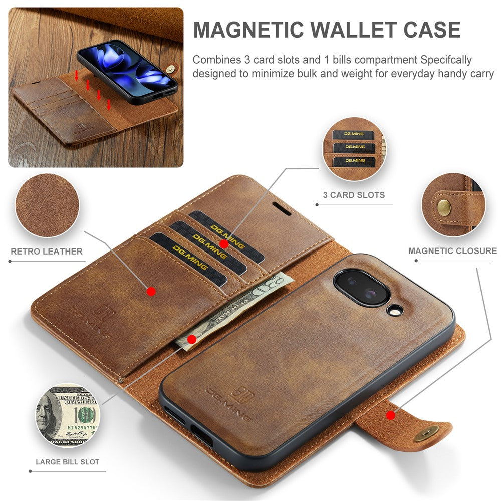 for Google Pixel 9a Case Detachable Split Leather Phone Cover - Brown