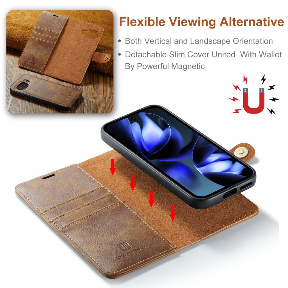 for Google Pixel 9a Case Detachable Split Leather Phone Cover - Brown