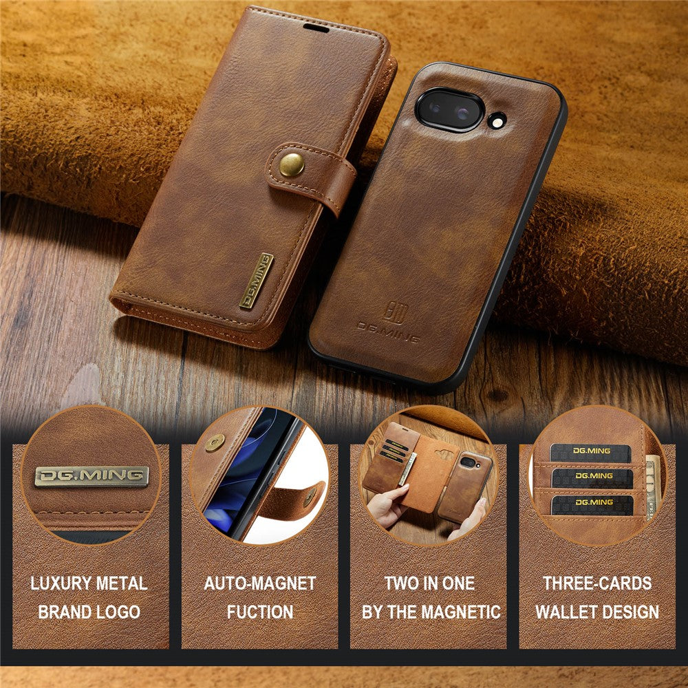 for Google Pixel 9a Case Detachable Split Leather Phone Cover - Brown