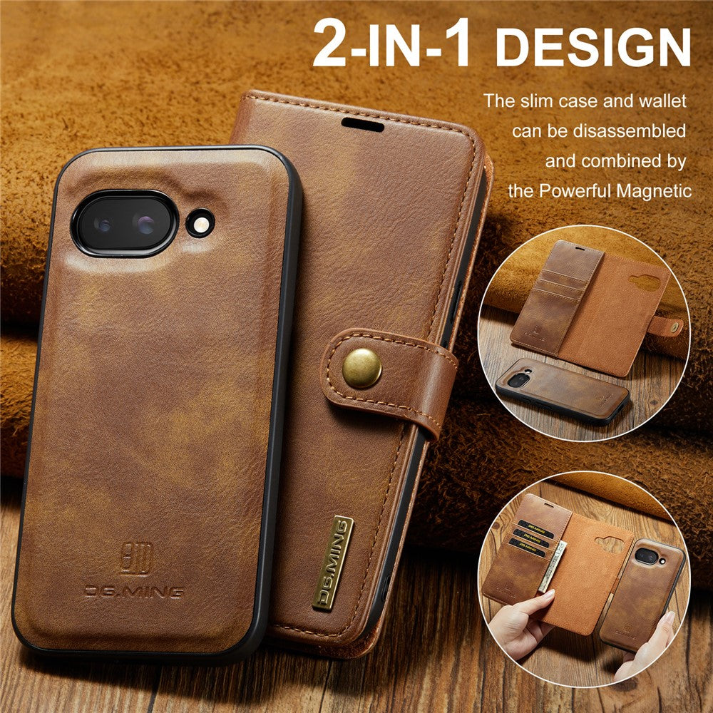 for Google Pixel 9a Case Detachable Split Leather Phone Cover - Brown