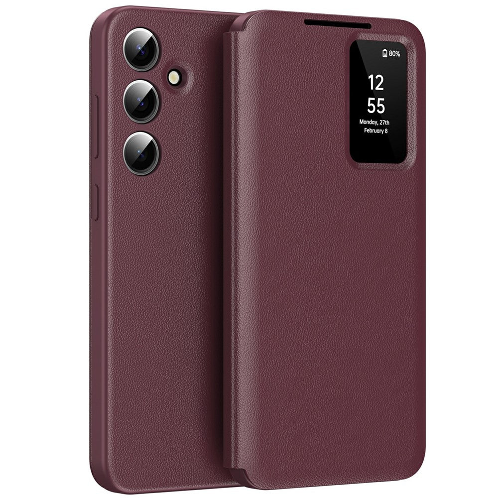 For Samsung Galaxy A56 5G Case with Card Holder Smart View Window Leather Phone Cover - Wine Red