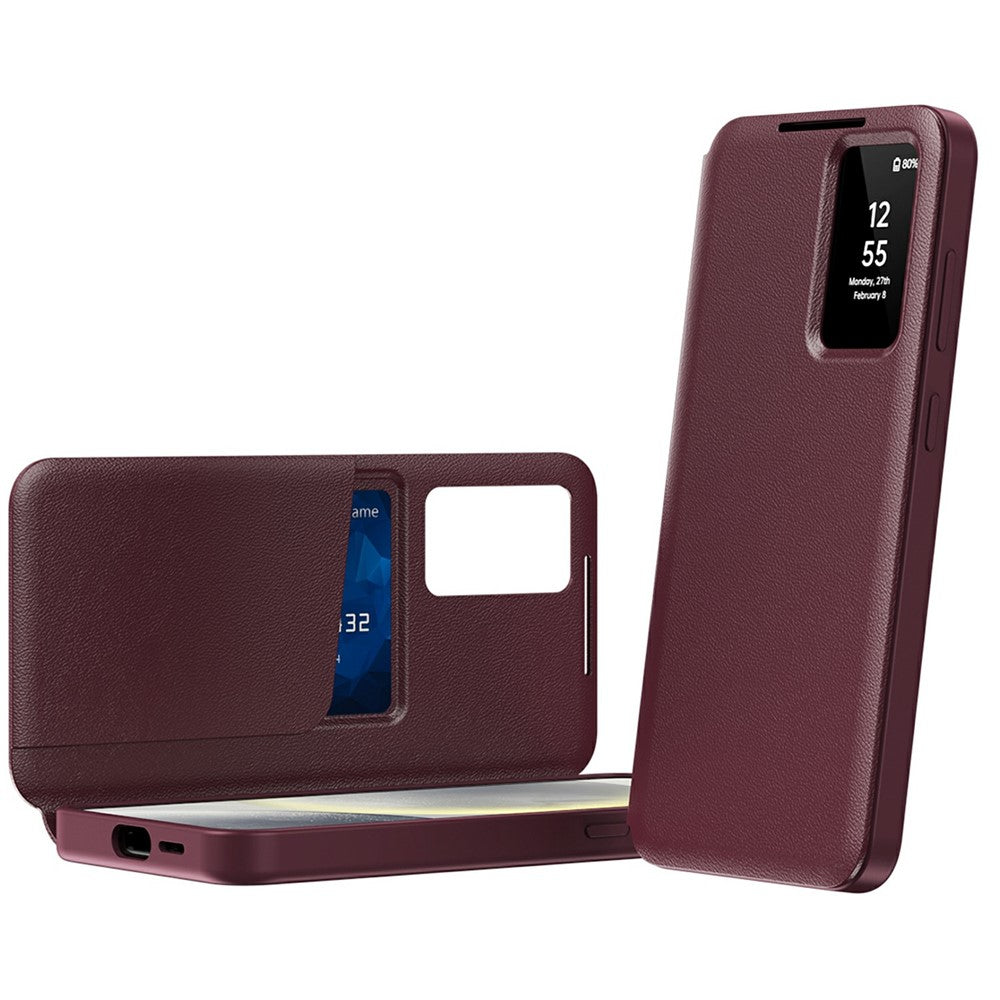 For Samsung Galaxy A56 5G Case with Card Holder Smart View Window Leather Phone Cover - Wine Red