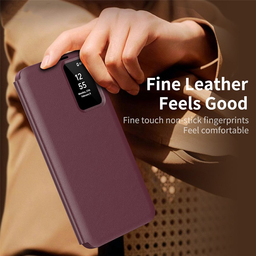 For Samsung Galaxy A56 5G Case with Card Holder Smart View Window Leather Phone Cover - Wine Red
