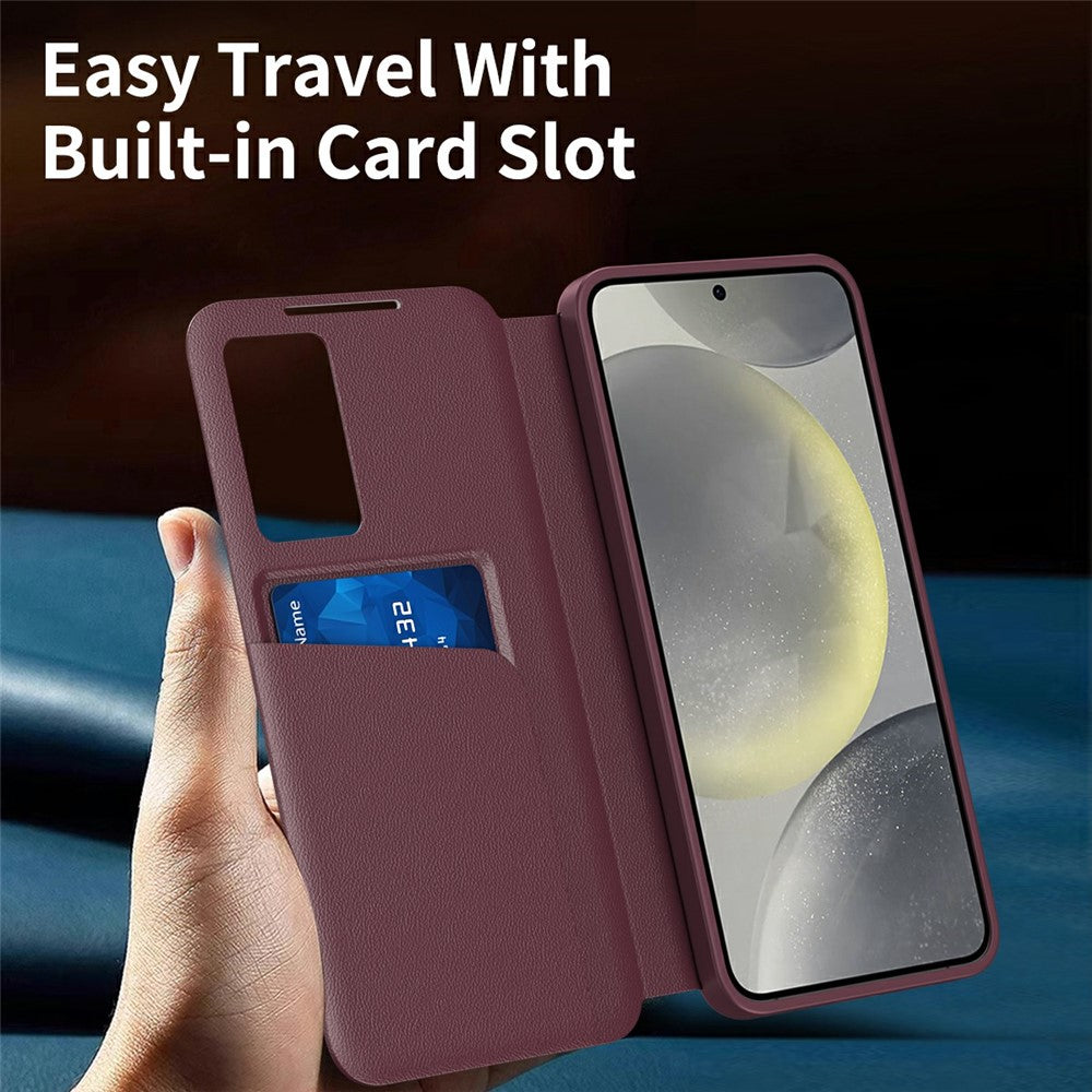 For Samsung Galaxy A56 5G Case with Card Holder Smart View Window Leather Phone Cover - Wine Red