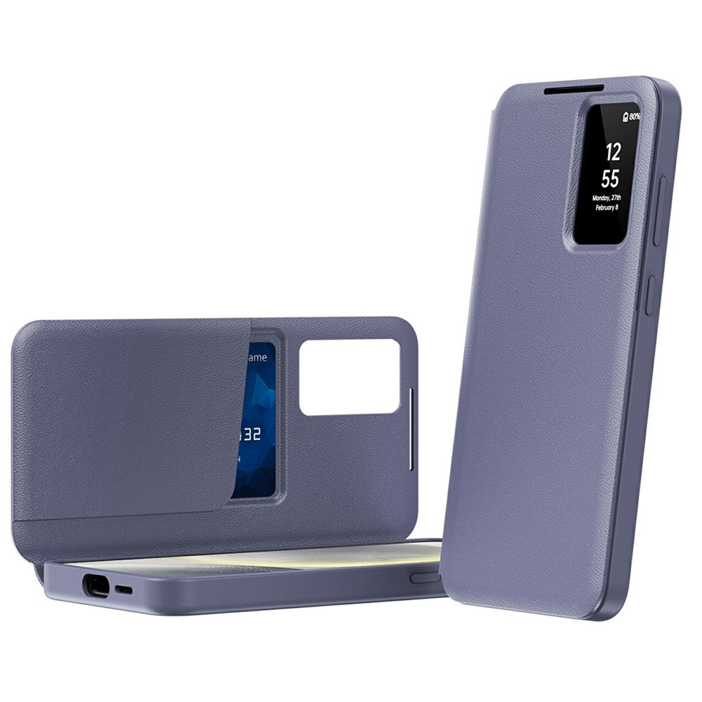 For Samsung Galaxy S25 Edge Case with Card Holder Smart View Window Leather Phone Cover - Lavender Grey