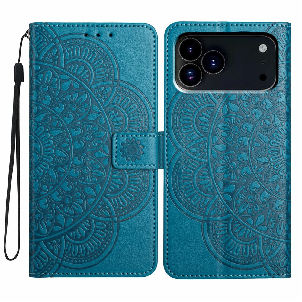 For iPhone 17 Pro Leather Case with Card Slots Mandala Pattern Phone Cover Stand - Blue