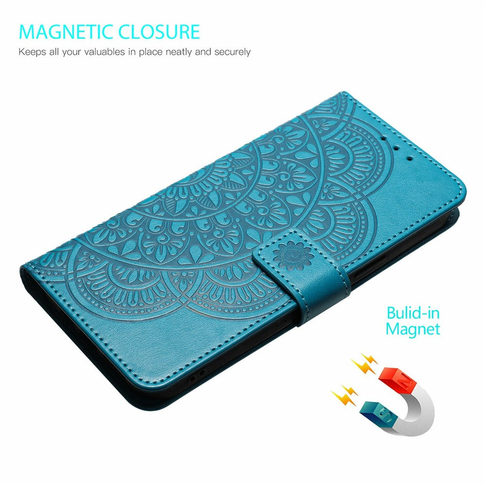 For iPhone 17 Pro Leather Case with Card Slots Mandala Pattern Phone Cover Stand - Blue