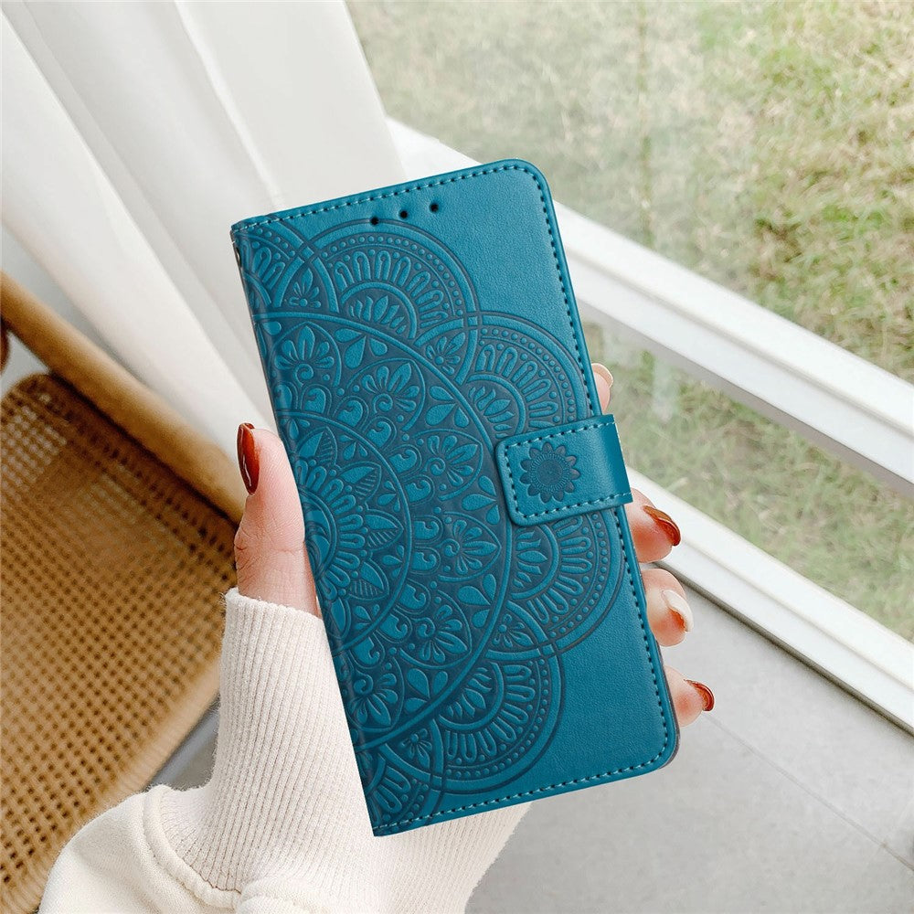 For iPhone 17 Pro Leather Case with Card Slots Mandala Pattern Phone Cover Stand - Blue