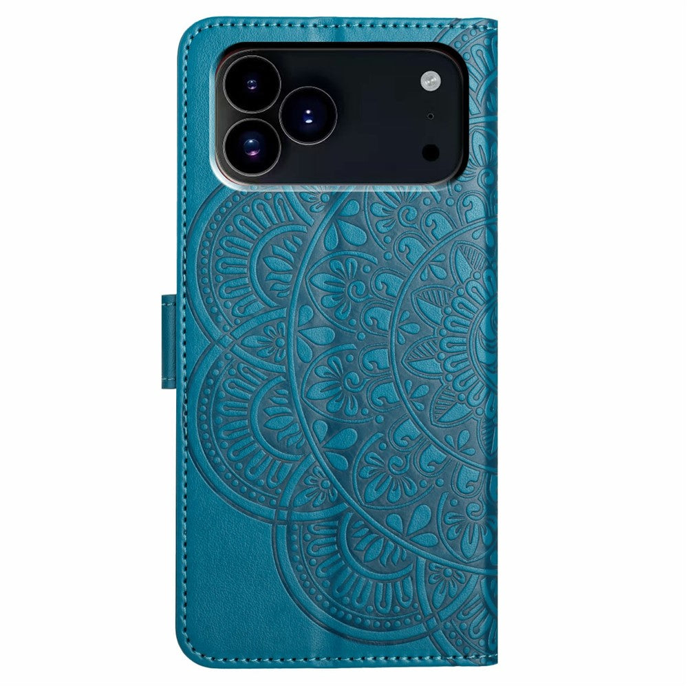 For iPhone 17 Pro Leather Case with Card Slots Mandala Pattern Phone Cover Stand - Blue