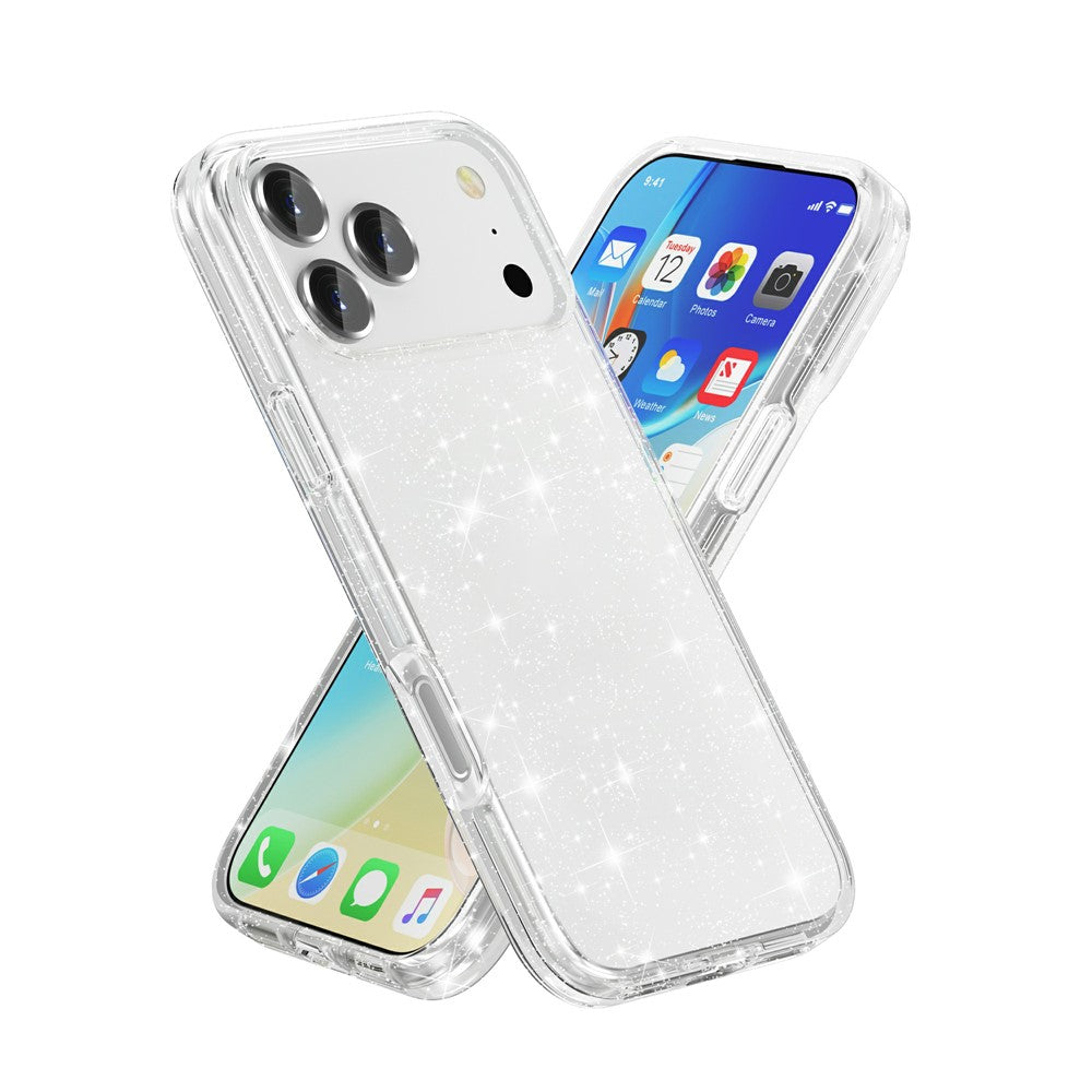 For iPhone 17 Pro Case Sparkly Powder Glitter Shiny Soft TPU + Hard PC Back Cover - White