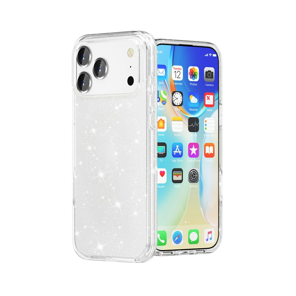 For iPhone 17 Pro Case Sparkly Powder Glitter Shiny Soft TPU + Hard PC Back Cover - White
