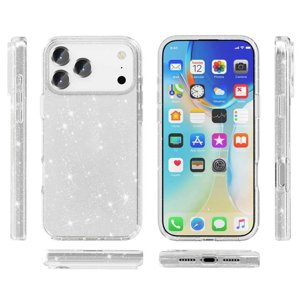 For iPhone 17 Pro Case Sparkly Powder Glitter Shiny Soft TPU + Hard PC Back Cover - White