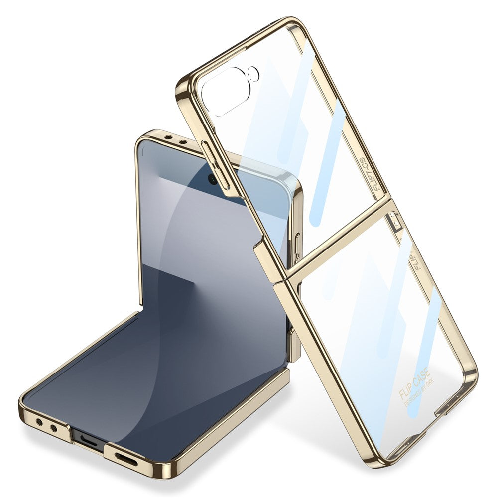 For Samsung Galaxy Z Flip7 5G Case Electroplating Hard PC Tempered Glass Phone Cover with Screen Film - Champagne Gold