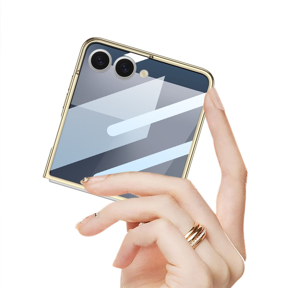 For Samsung Galaxy Z Flip7 5G Case Electroplating Hard PC Tempered Glass Phone Cover with Screen Film - Champagne Gold