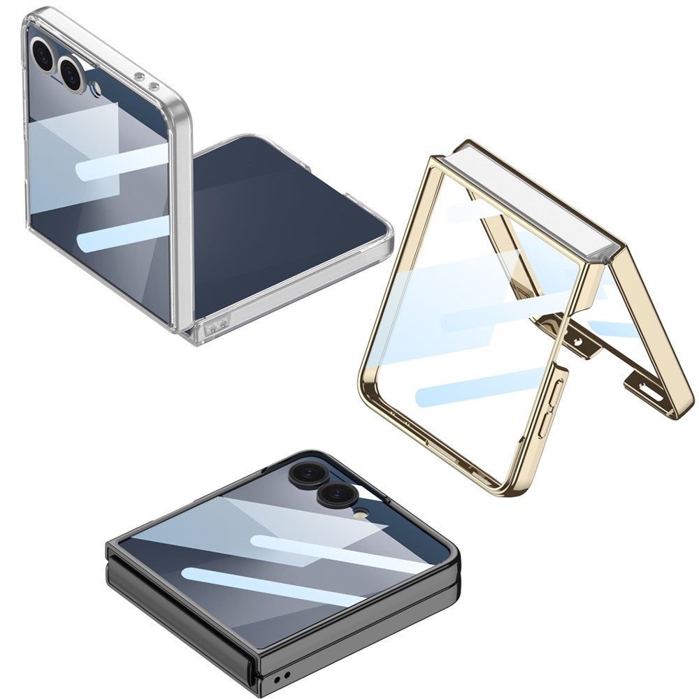 For Samsung Galaxy Z Flip7 5G Case Electroplating Hard PC Tempered Glass Phone Cover with Screen Film - Champagne Gold