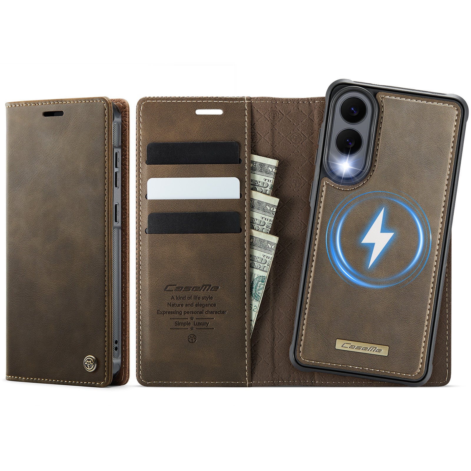 For Samsung Galaxy S25 Edge Case Magnetic Case Detachable Wallet Leather Phone Cover - Coffee