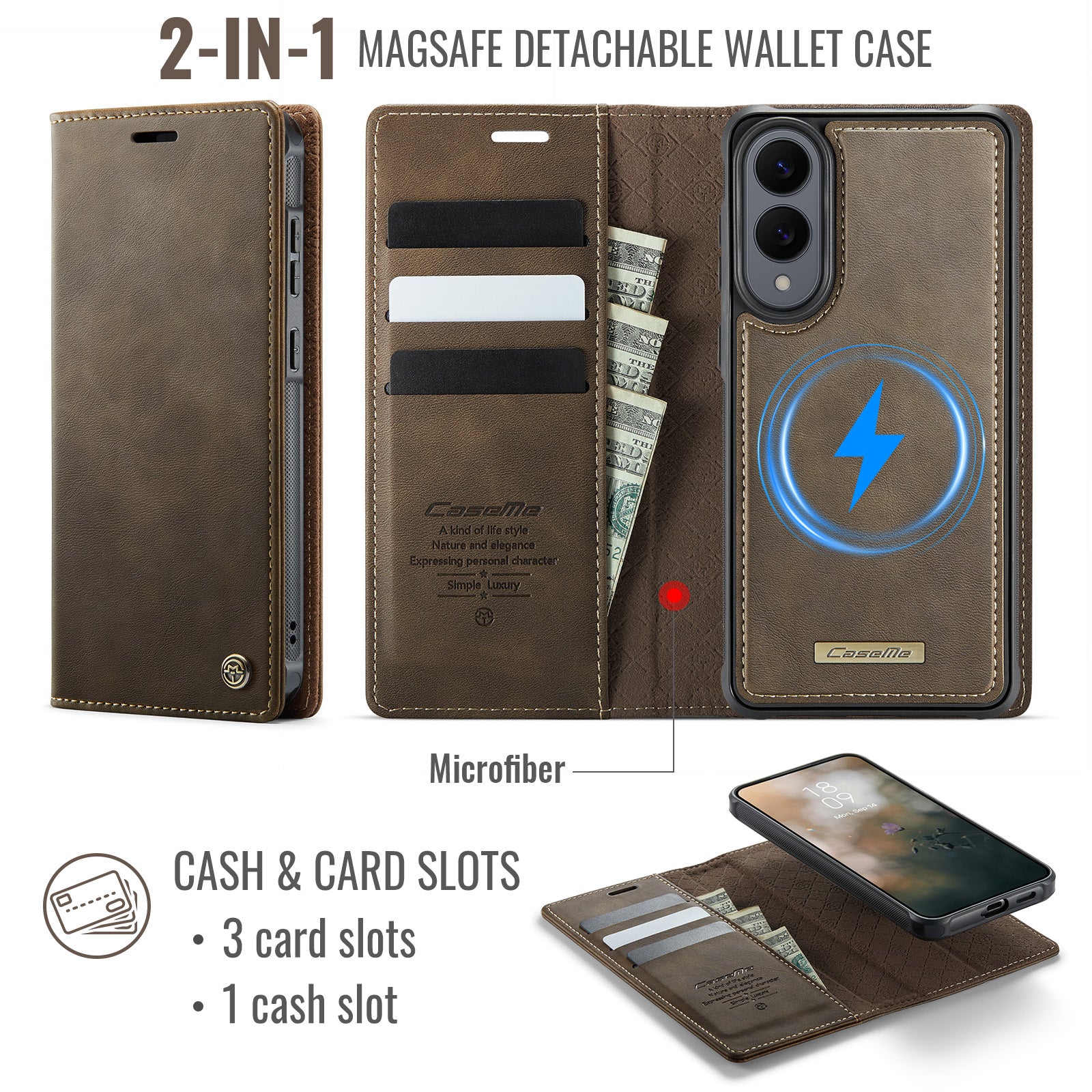 For Samsung Galaxy S25 Edge Case Magnetic Case Detachable Wallet Leather Phone Cover - Coffee