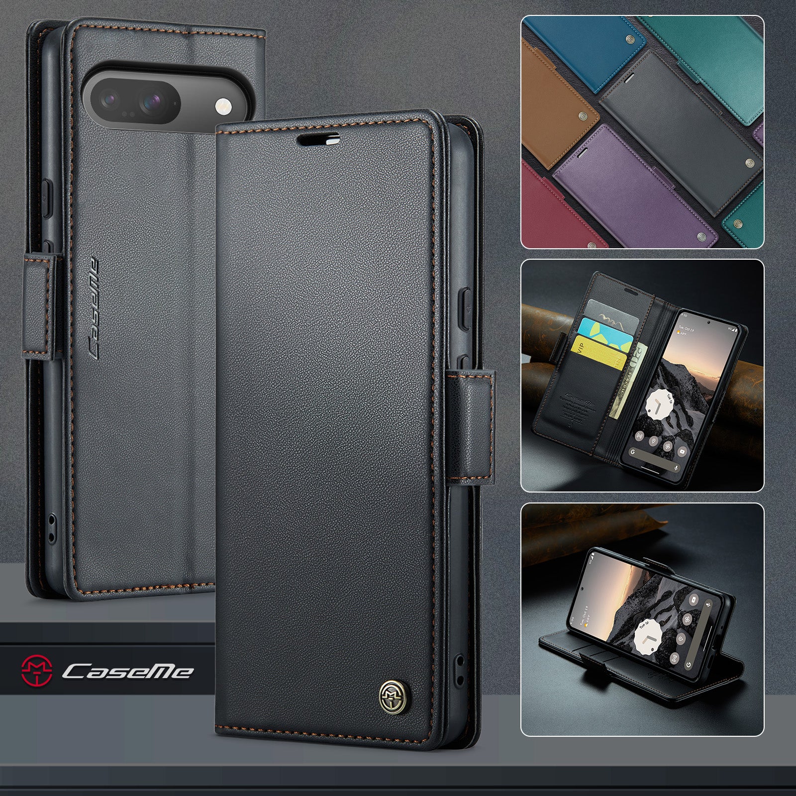 For Google Pixel 10 Pro / 10 / 9 Pro / 9 Case Series Leather Wallet Stand Phone Cover - Black