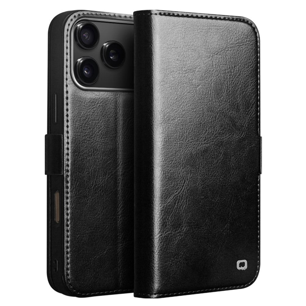 For iPhone 17 Pro Max Case with Card Holder  Cow Leather Stand Phone Cover - Black