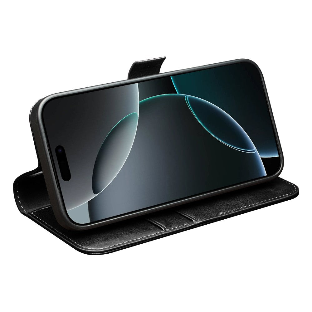 For iPhone 17 Pro Max Case with Card Holder  Cow Leather Stand Phone Cover - Black