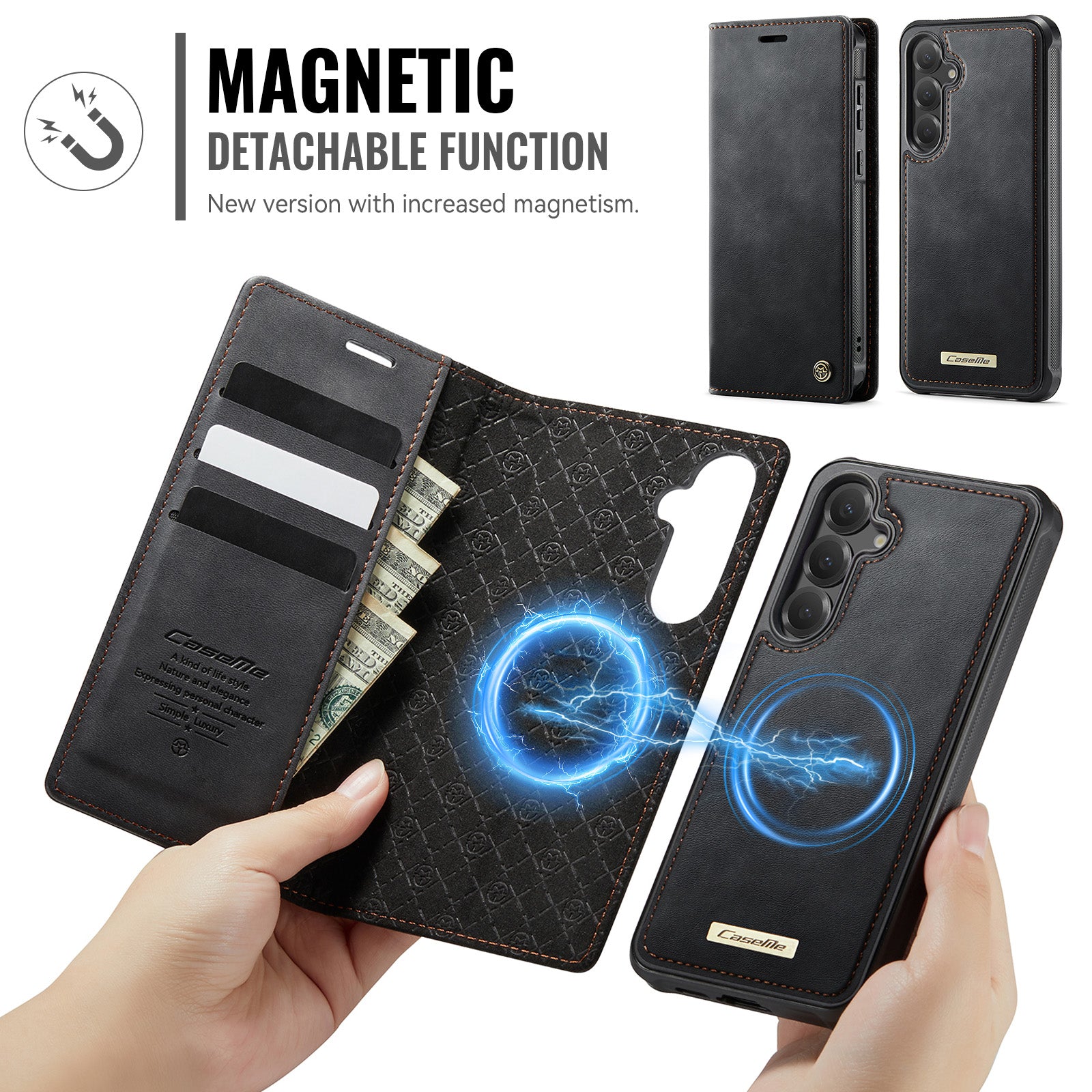 For Samsung Galaxy S25 / Galaxy S24 Case Magnetic Case Detachable Wallet Leather Phone Cover - Black