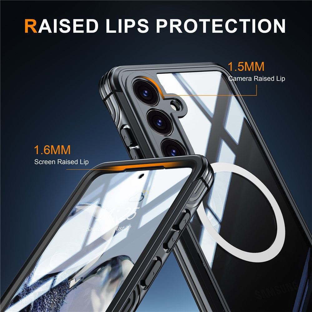 For Samsung Galaxy S25 FE Magnetic Case PC + TPU Phone Cover with Tempered Glass Screen Film - Black