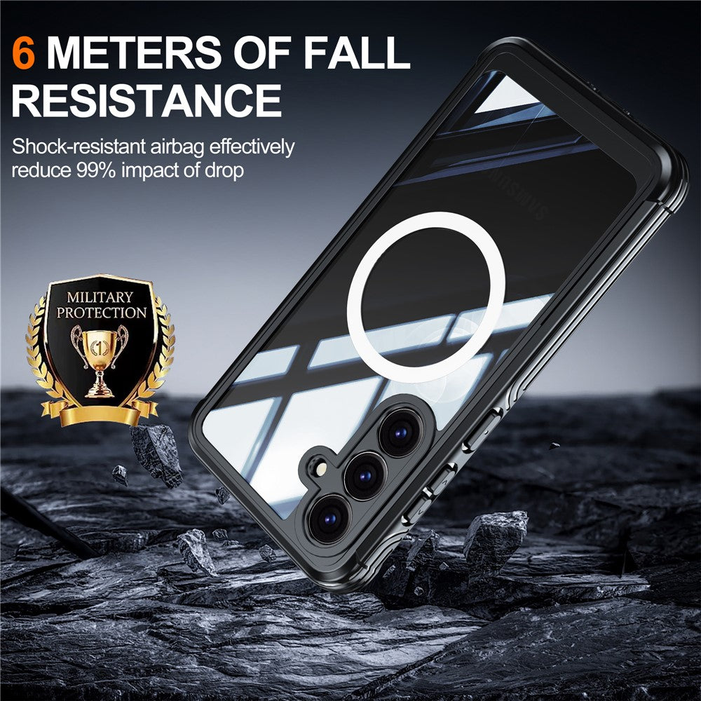 For Samsung Galaxy S25 FE Magnetic Case PC + TPU Phone Cover with Tempered Glass Screen Film - Black