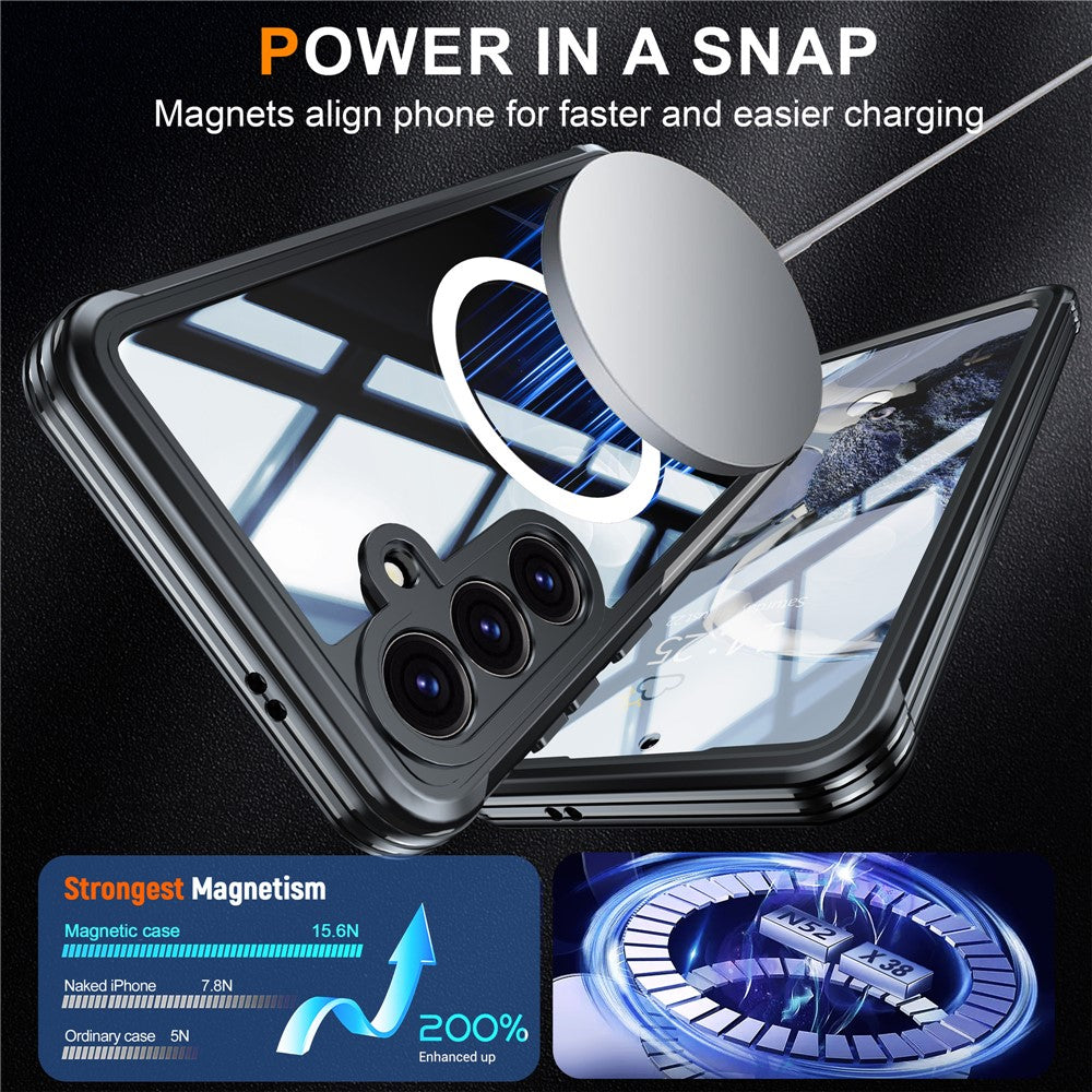 For Samsung Galaxy S25 FE Magnetic Case PC + TPU Phone Cover with Tempered Glass Screen Film - Black